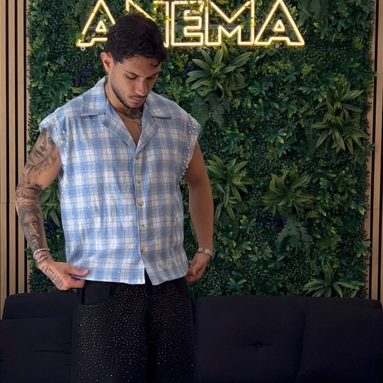CAMICIA STRASS E PERLE CELESTE