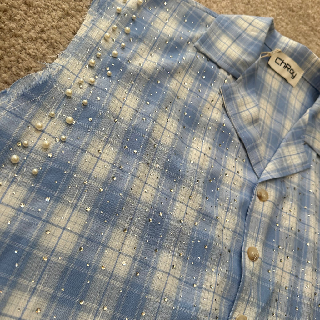 CAMICIA STRASS E PERLE CELESTE