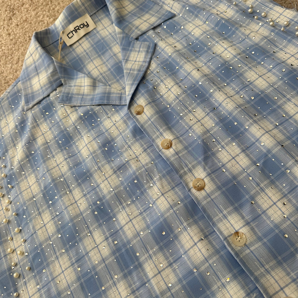 CAMICIA STRASS E PERLE CELESTE